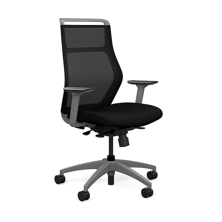 Front view of the SitOnIt Hexy ergonomic highback task chair in gray frame and black fabric. Kansas City Office Design