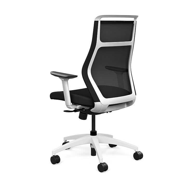 Back view of the SitOnIt Hexy ergonomic highback task chair in white frame and black vinyl fabric. Kansas City Office Design