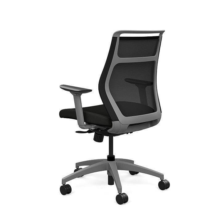 Back view of the SitOnIt Hexy ergonomic midback task chair in gray frame and black vinyl fabric. Kansas City Office Design