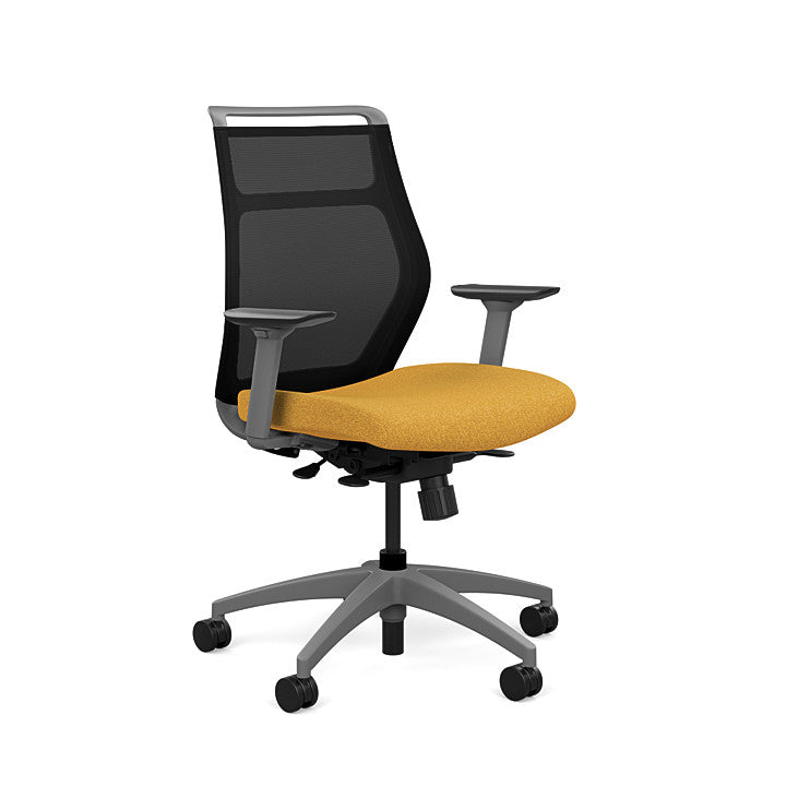 Front view of the SitOnIt Hexy ergonomic midback task chair in gray frame and gold fabric. Kansas City Office Design