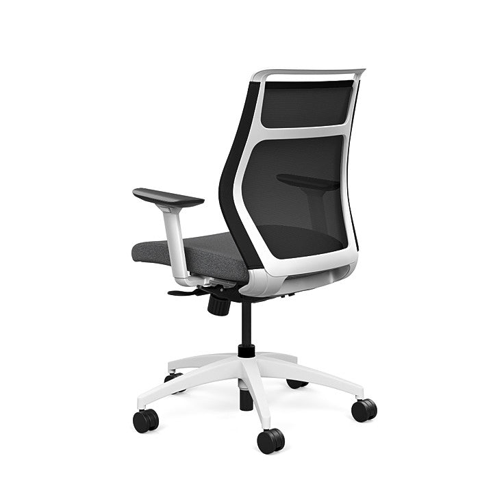 Back view of the SitOnIt Hexy ergonomic midback task chair in white frame and gray fabric. Kansas City Office Design