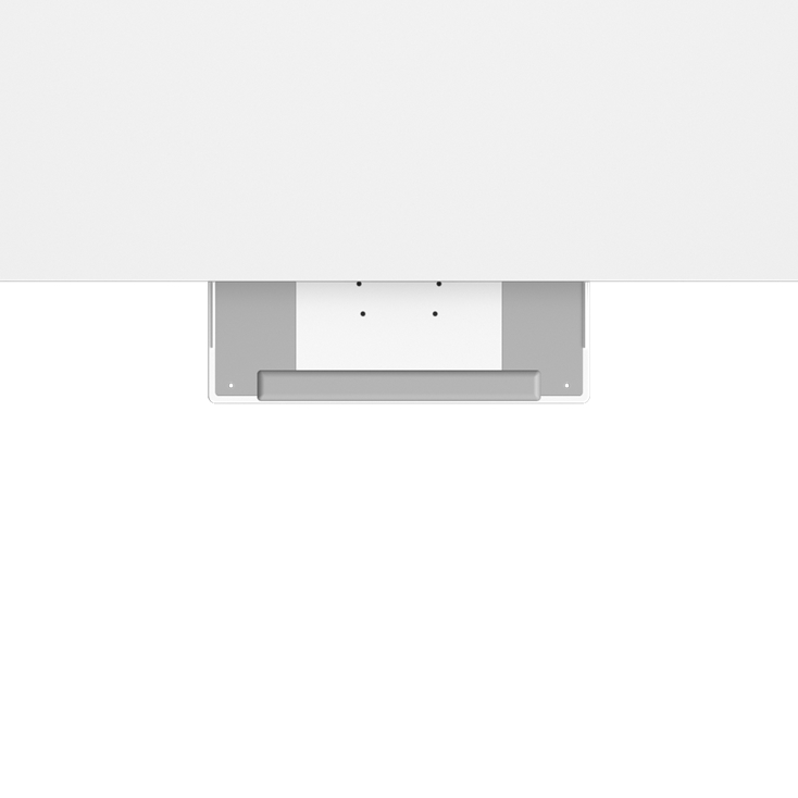 Top down view of a white HumanScale keyboard tray meant for height adjustable desk. Pictured with a desk. Kansas City Office Design.