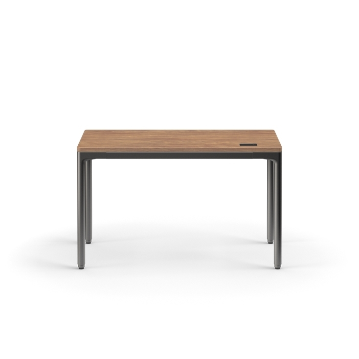 Front view of the Humanscale eFloat Quattro height adjustable 23"x46" desk with black base and solid walnut wood top. Kansas City Office Design.