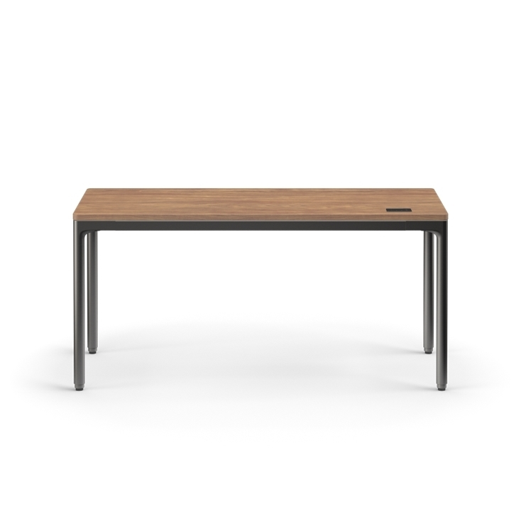 Front view of the Humanscale eFloat Quattro height adjustable 23"x58" desk with black base and walnut top. Kansas City Office Design.