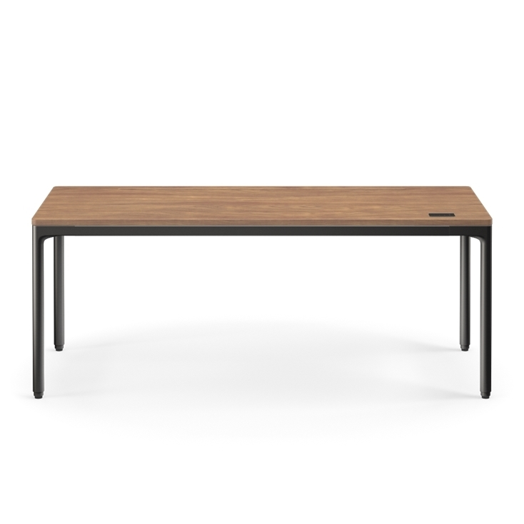 Front view of the Humanscale eFloat Quattro height adjustable 29"x70" desk with black base and walnut top. Kansas City Office Design.