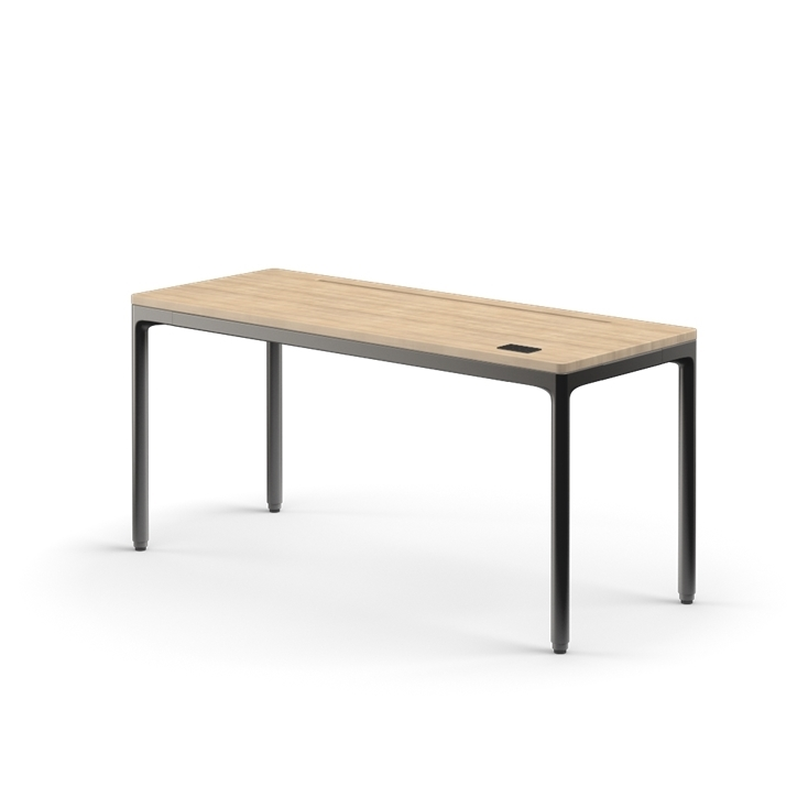Side view of the Humanscale eFloat Quattro height adjustable 23"x58" desk with black base and solid white oak wood top. Kansas City Office Design.
