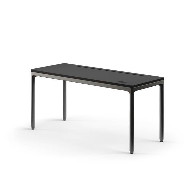 Side view of the Humanscale eFloat Quattro height adjustable 23"x58" desk with black base and black top. Kansas City Office Design.