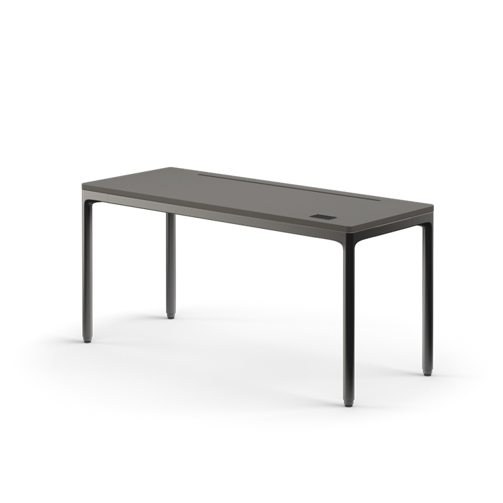 Side view of the Humanscale eFloat Quattro height adjustable 23"x58" desk with black base and grey top. Kansas City Office Design.