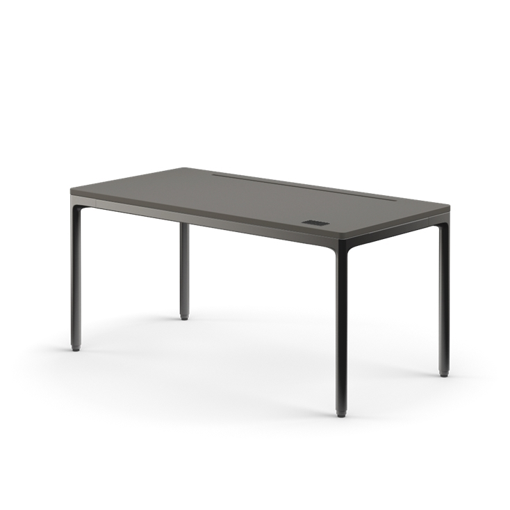 Side view of the Humanscale eFloat Quattro height adjustable 29"x58" desk with black base and grey top. Kansas City Office Design.