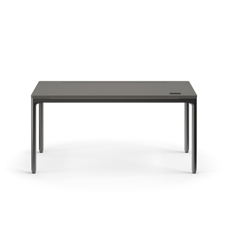 Front view of the Humanscale eFloat Quattro height adjustable 29"x58" desk with black base and grey top. Kansas City Office Design.