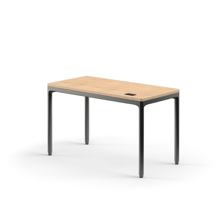 Side view of the Humanscale eFloat Quattro height adjustable 23"x46" desk with black base and Rift Oak top. Kansas City Office Design.