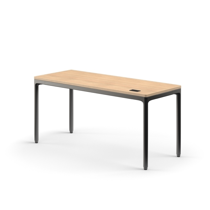 Side view of the Humanscale eFloat Quattro height adjustable 23"x58" desk with black base and Rift Oak top. Kansas City Office Design.