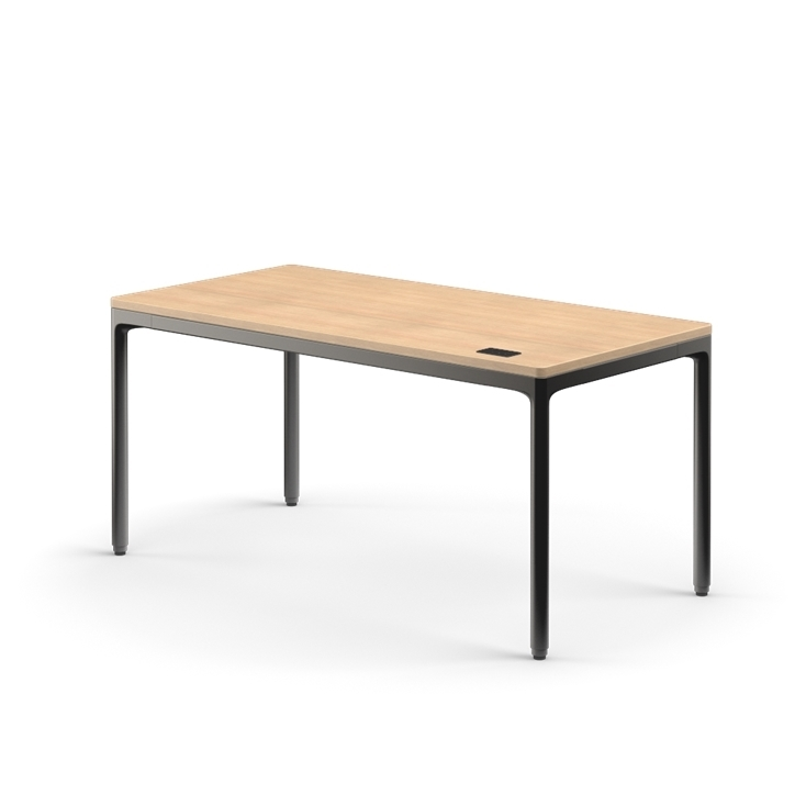 Side view of the Humanscale eFloat Quattro height adjustable 29"x58" desk with black base and rift oak top. Kansas City Office Design.