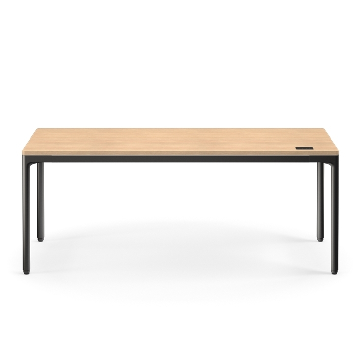 Front view of the Humanscale eFloat Quattro height adjustable 29"x70" desk with black base and Rift Oak top. Kansas City Office Design.