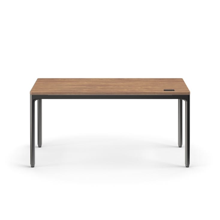 Front view of the Humanscale eFloat Quattro height adjustable 29"x58" desk with black base and walnut top. Kansas City Office Design.