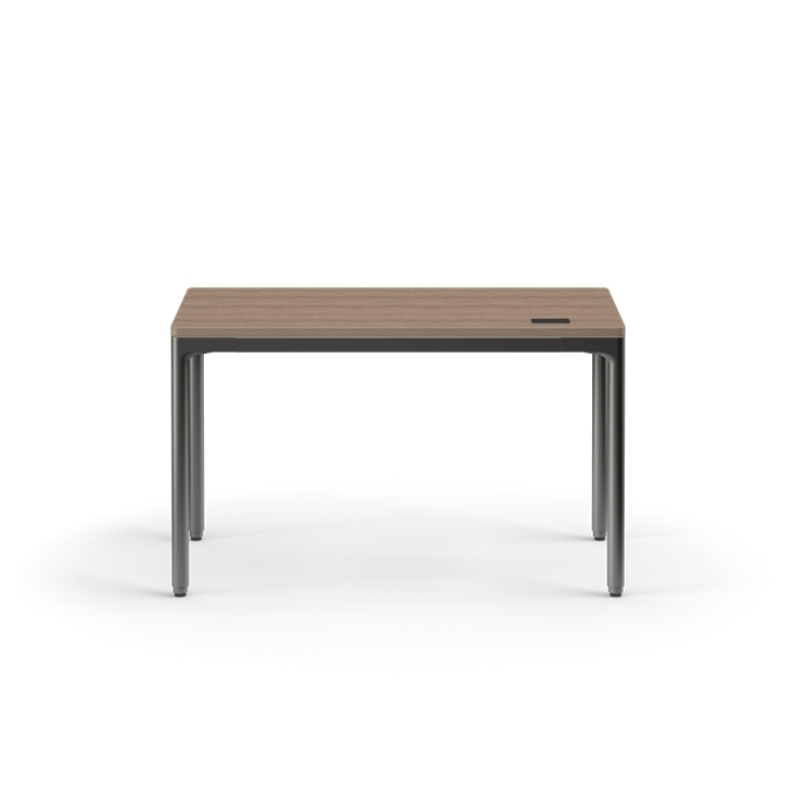 Front view of the Humanscale eFloat Quattro height adjustable 23"x46" desk with black base and walnut top. Kansas City Office Design.