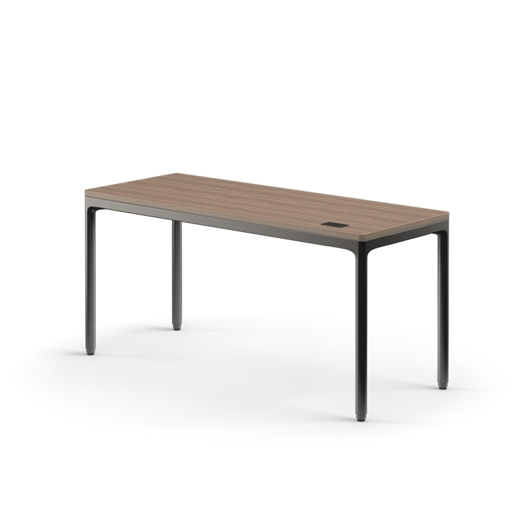 Side view of the Humanscale eFloat Quattro height adjustable 23"x58" desk with black base and walnut top. Kansas City Office Design.