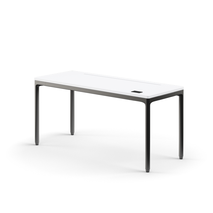 Side view of the Humanscale eFloat Quattro height adjustable 23"x58" desk with black base and white top. Kansas City Office Design.