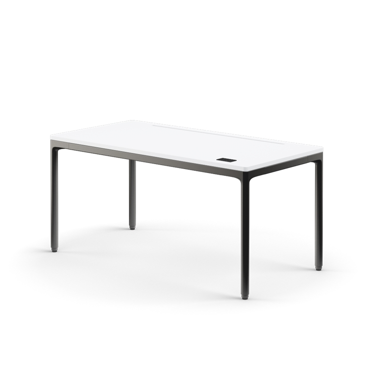 Side view of the Humanscale eFloat Quattro height adjustable 29"x58" desk with black base and white top. Kansas City Office Design.