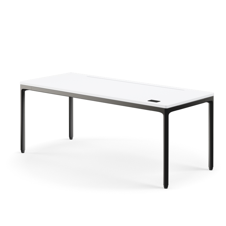 Side view of the Humanscale eFloat Quattro height adjustable 29"x70" desk with black base and white top. Kansas City Office Design.