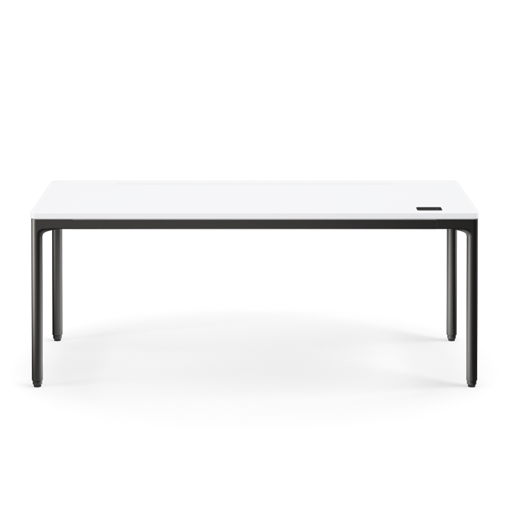 Front view of the Humanscale eFloat Quattro height adjustable 29"x70" desk with black base and white top. Kansas City Office Design.