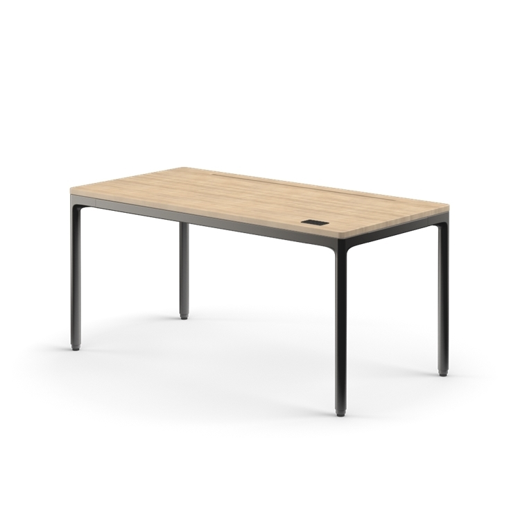 Side view of the Humanscale eFloat Quattro height adjustable 29"x58" desk with black base and white oak top. Kansas City Office Design.