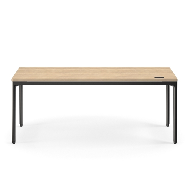 Front view of the Humanscale eFloat Quattro height adjustable 29"x70" desk with black base and white oak top. Kansas City Office Design.