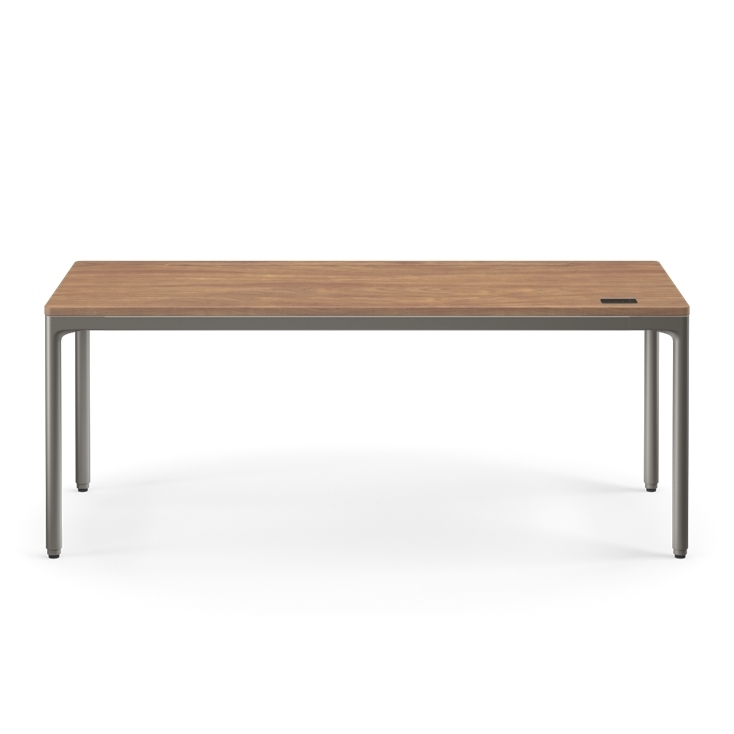 Front view of the Humanscale eFloat Quattro height adjustable 29"x70" desk with gray base and walnut top. Kansas City Office Design.