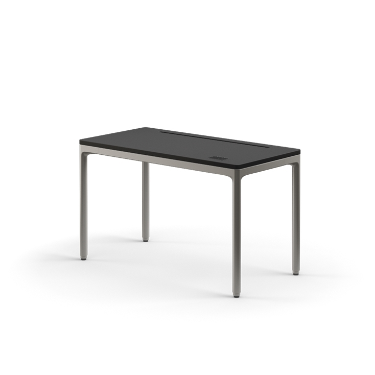 Side view of the Humanscale eFloat Quattro height adjustable 23"x46" desk with gray base and black top. Kansas City Office Design.