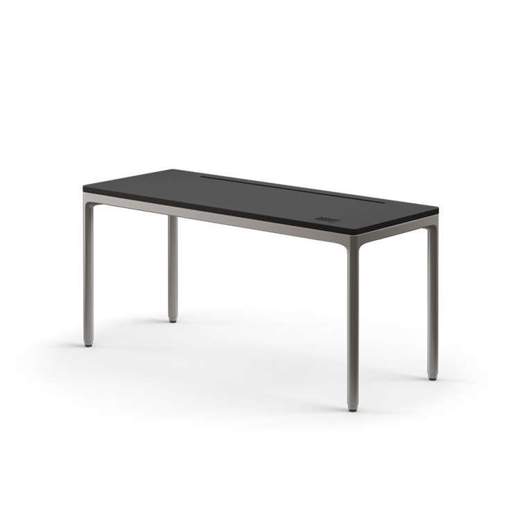 Side view of the Humanscale eFloat Quattro height adjustable 23"x58" desk with gray base and black top. Kansas City Office Design.