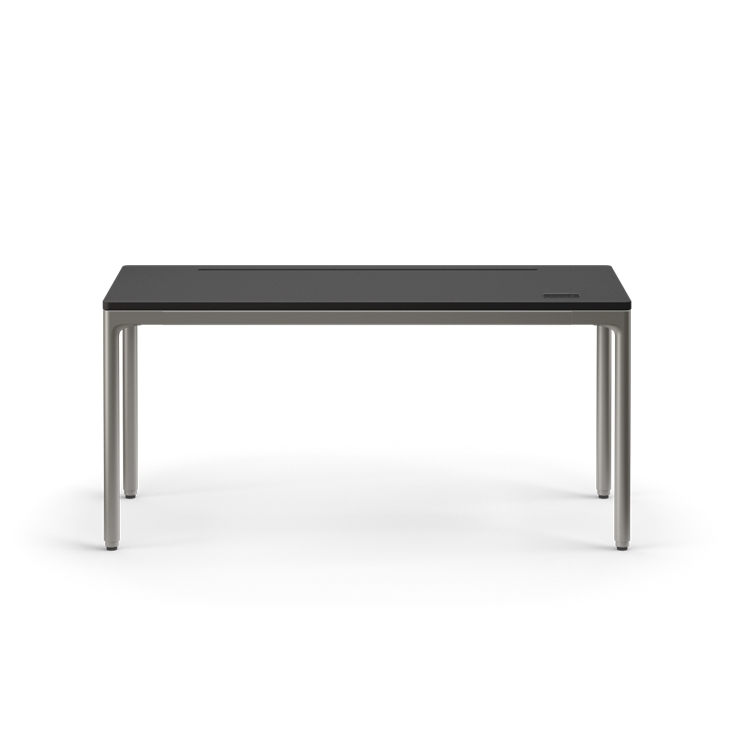 Front view of the Humanscale eFloat Quattro height adjustable 23"x58" desk with gray base and black top. Kansas City Office Design.