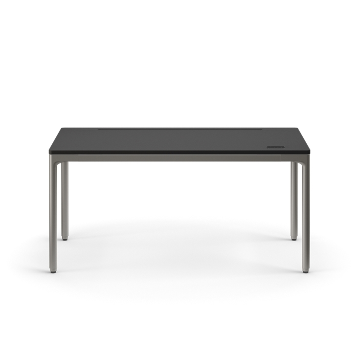 Front view of the Humanscale eFloat Quattro height adjustable 29"x58" desk with gray base and black top. Kansas City Office Design.