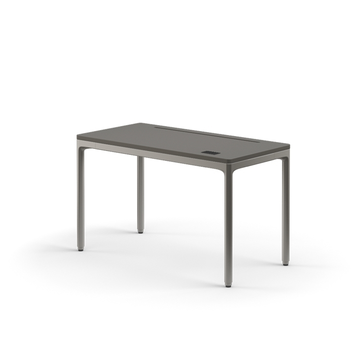 Side view of the Humanscale eFloat Quattro height adjustable 23"x46" desk with gray base and gray top. Kansas City Office Design.