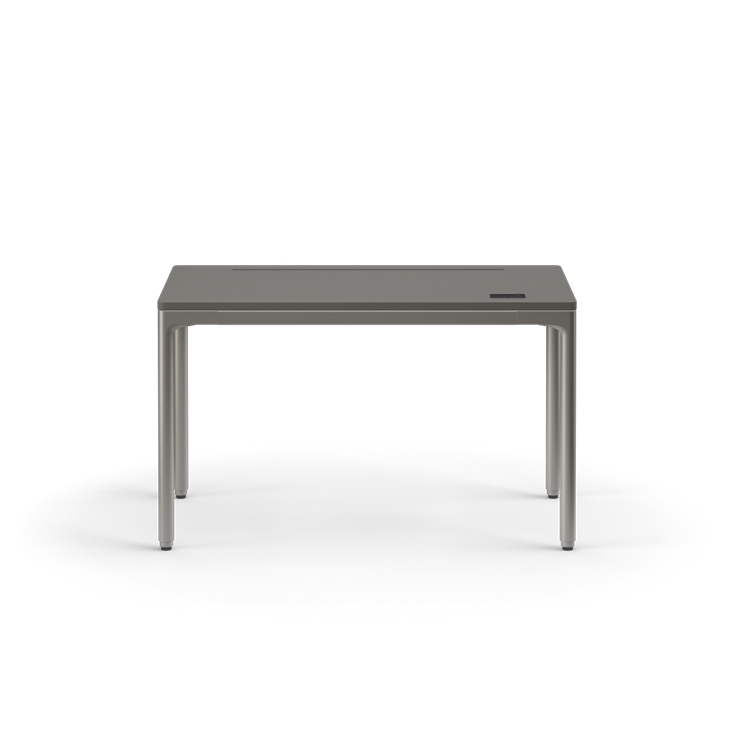 Front view of the Humanscale eFloat Quattro height adjustable 23"x46" desk with gray base and gray top. Kansas City Office Design.