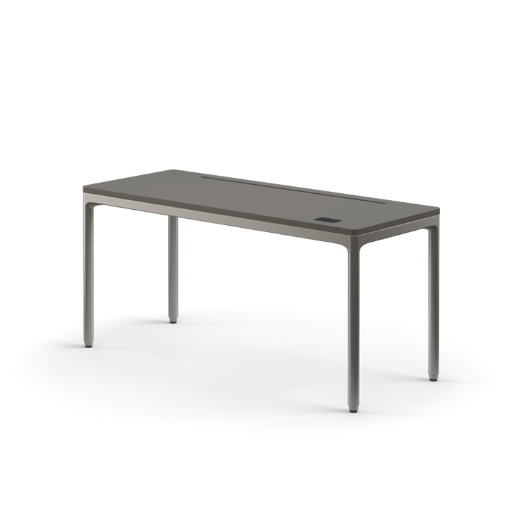 Side view of the Humanscale eFloat Quattro height adjustable 23"x58" desk with gray base and gray top. Kansas City Office Design.
