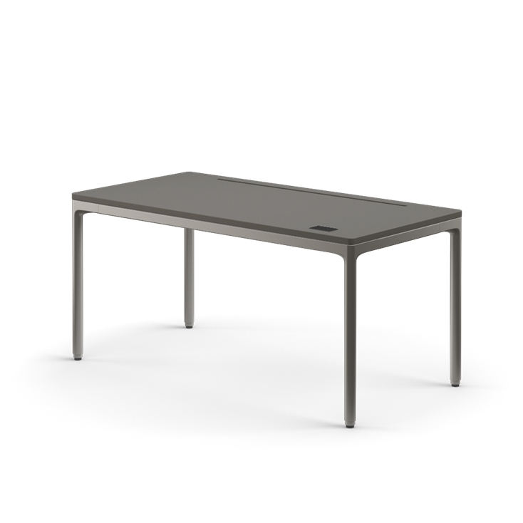 Side view of the Humanscale eFloat Quattro height adjustable 29"x58" desk with gray base and gray top. Kansas City Office Design.