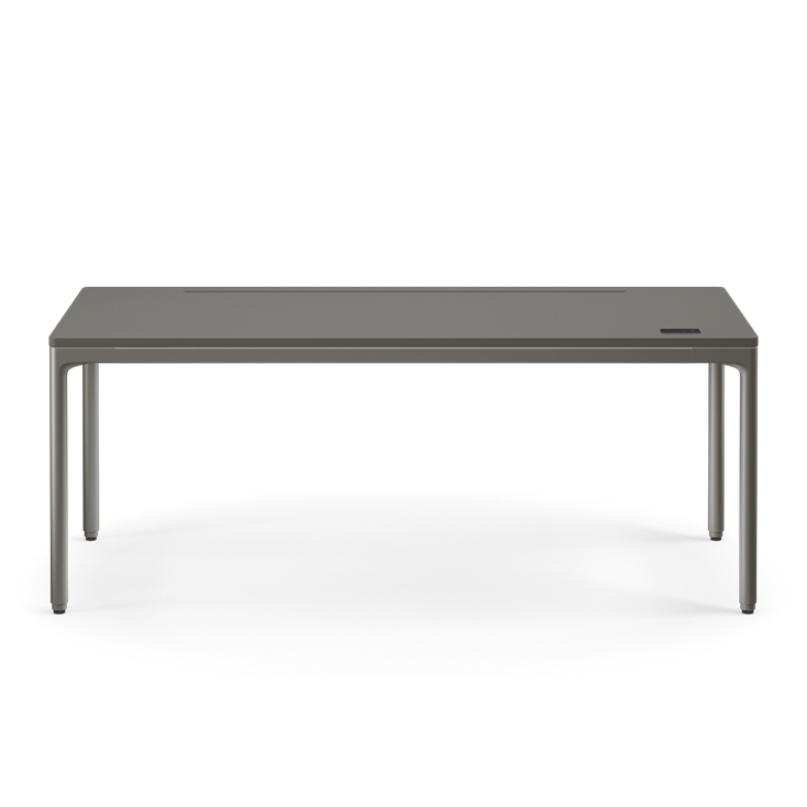 Front view of the Humanscale eFloat Quattro height adjustable 29"x70" desk with gray base and gray top. Kansas City Office Design.
