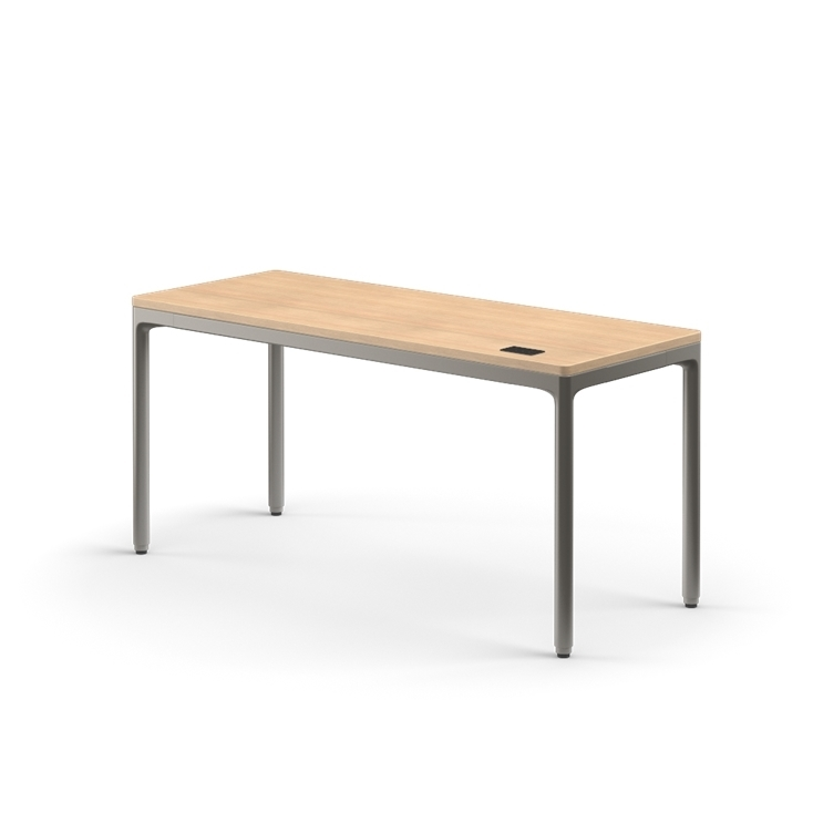 Side view of the Humanscale eFloat Quattro height adjustable 23"x58" desk with gray base and Rift Oak top. Kansas City Office Design.