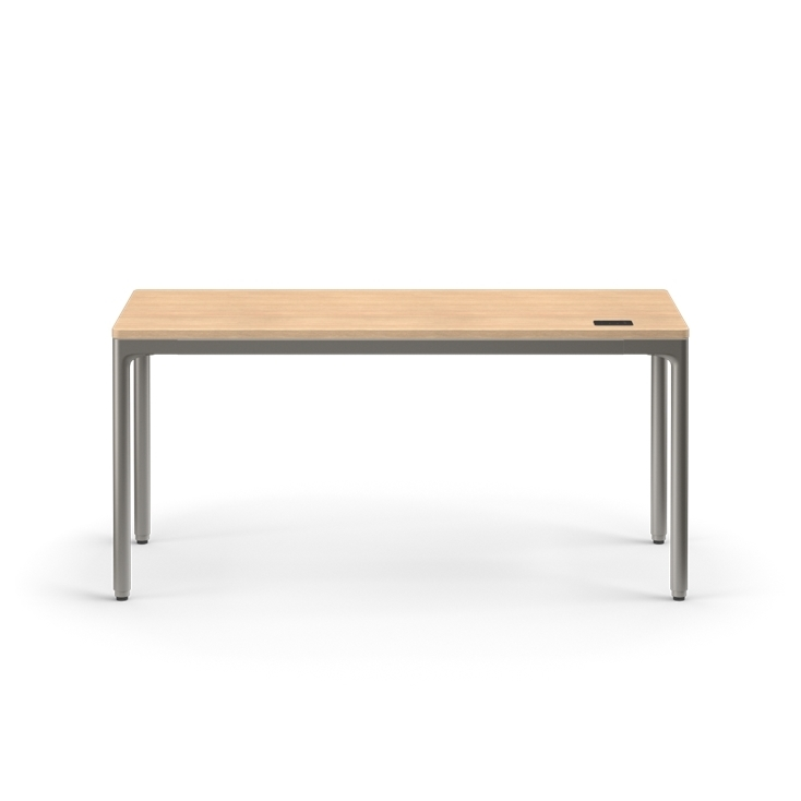 Front view of the Humanscale eFloat Quattro height adjustable 23"x46" desk with gray base and Rift Oak top. Kansas City Office Design.