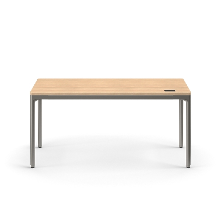 Front view of the Humanscale eFloat Quattro height adjustable 29"x58" desk with gray base and Rift Oak top. Kansas City Office Design.