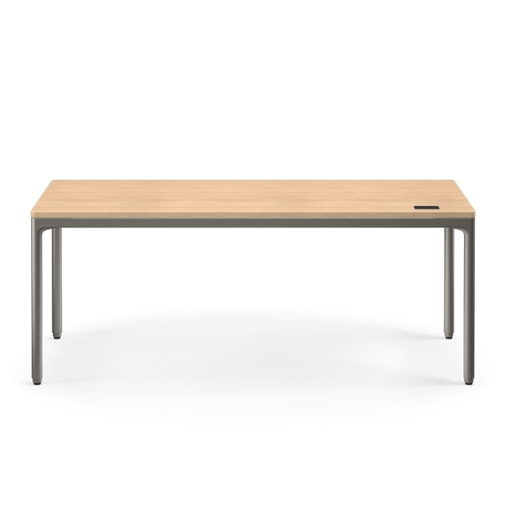 Front view of the Humanscale eFloat Quattro height adjustable 29"x70" desk with gray base and Rift Oak top. Kansas City Office Design.