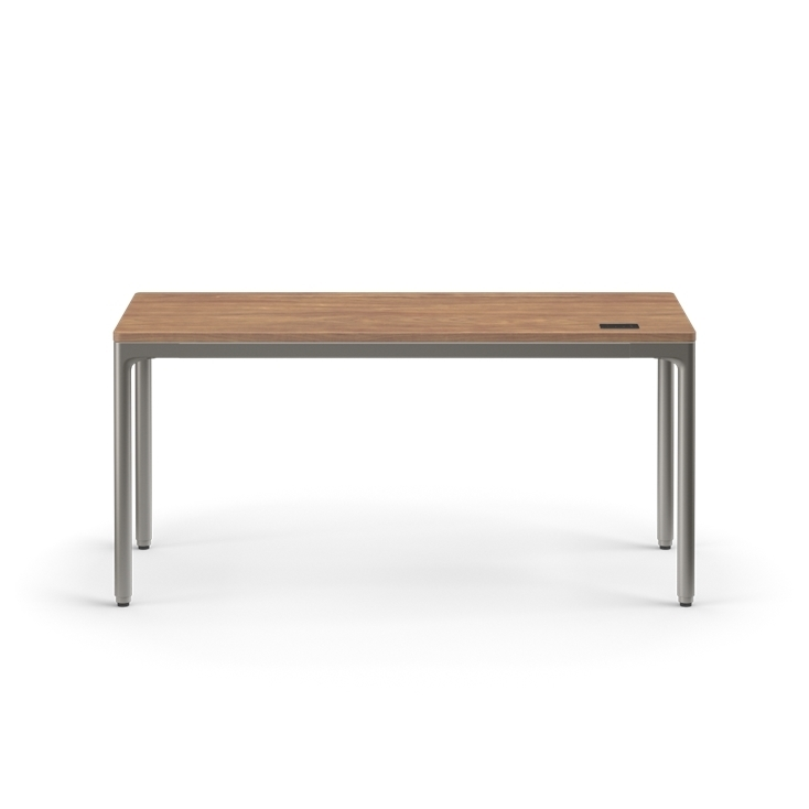 Front view of the Humanscale eFloat Quattro height adjustable 23"x58" desk with gray base and walnut top. Kansas City Office Design.