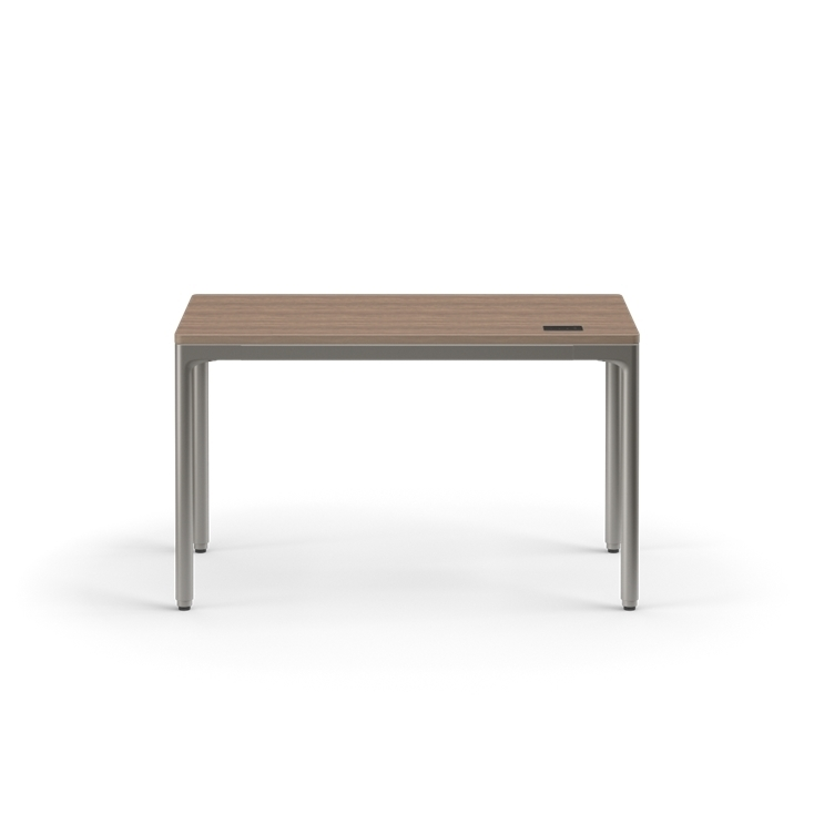 Front view of the Humanscale eFloat Quattro height adjustable 23"x46" desk with gray base and walnut top. Kansas City Office Design.