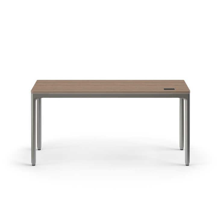 Front view of the Humanscale eFloat Quattro height adjustable 23"x58" desk with gray base and walnut top. Kansas City Office Design.