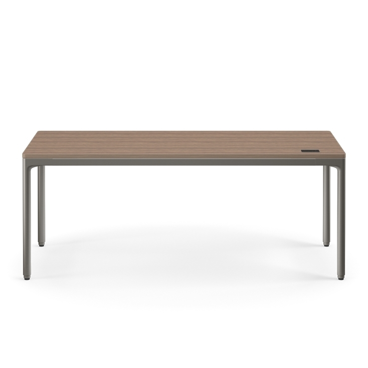 Front view of the Humanscale eFloat Quattro height adjustable 29"x70" desk with gray base and walnut top. Kansas City Office Design.