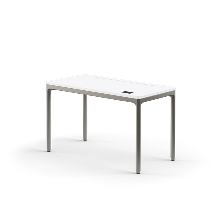 Side view of the Humanscale eFloat Quattro height adjustable 23"x46" desk with gray base and white top. Kansas City Office Design.