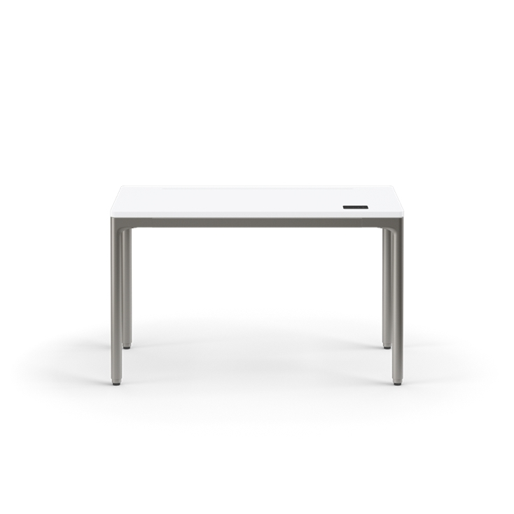 Front view of the Humanscale eFloat Quattro height adjustable 23"x46" desk with gray base and white top. Kansas City Office Design.