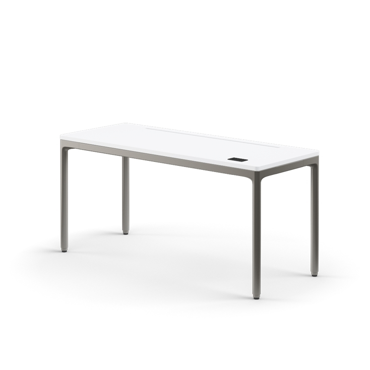 Side view of the Humanscale eFloat Quattro height adjustable 23"x58" desk with gray base and white top. Kansas City Office Design.