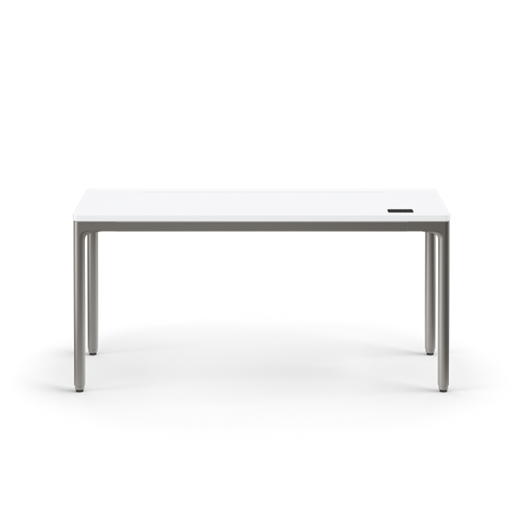 Side view of the Humanscale eFloat Quattro height adjustable 23"x58" desk with gray base and white top. Kansas City Office Design.