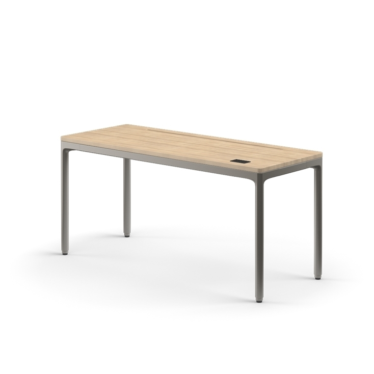 Side view of the Humanscale eFloat Quattro height adjustable 23"x58" desk with gray base and white oak top. Kansas City Office Design.